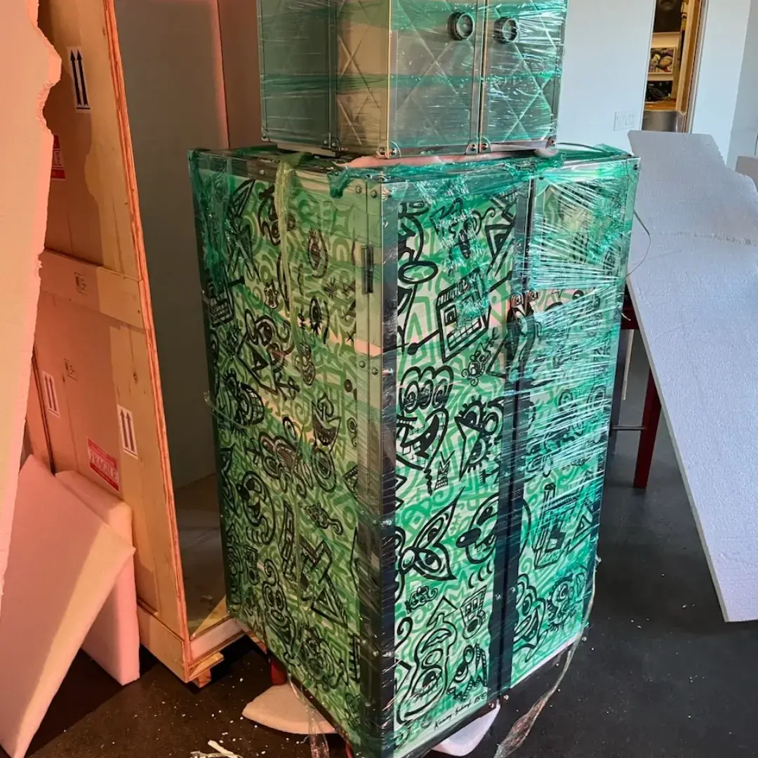 Custom plywood crate built for a fragile painted armoire ready for long-distance shipping
