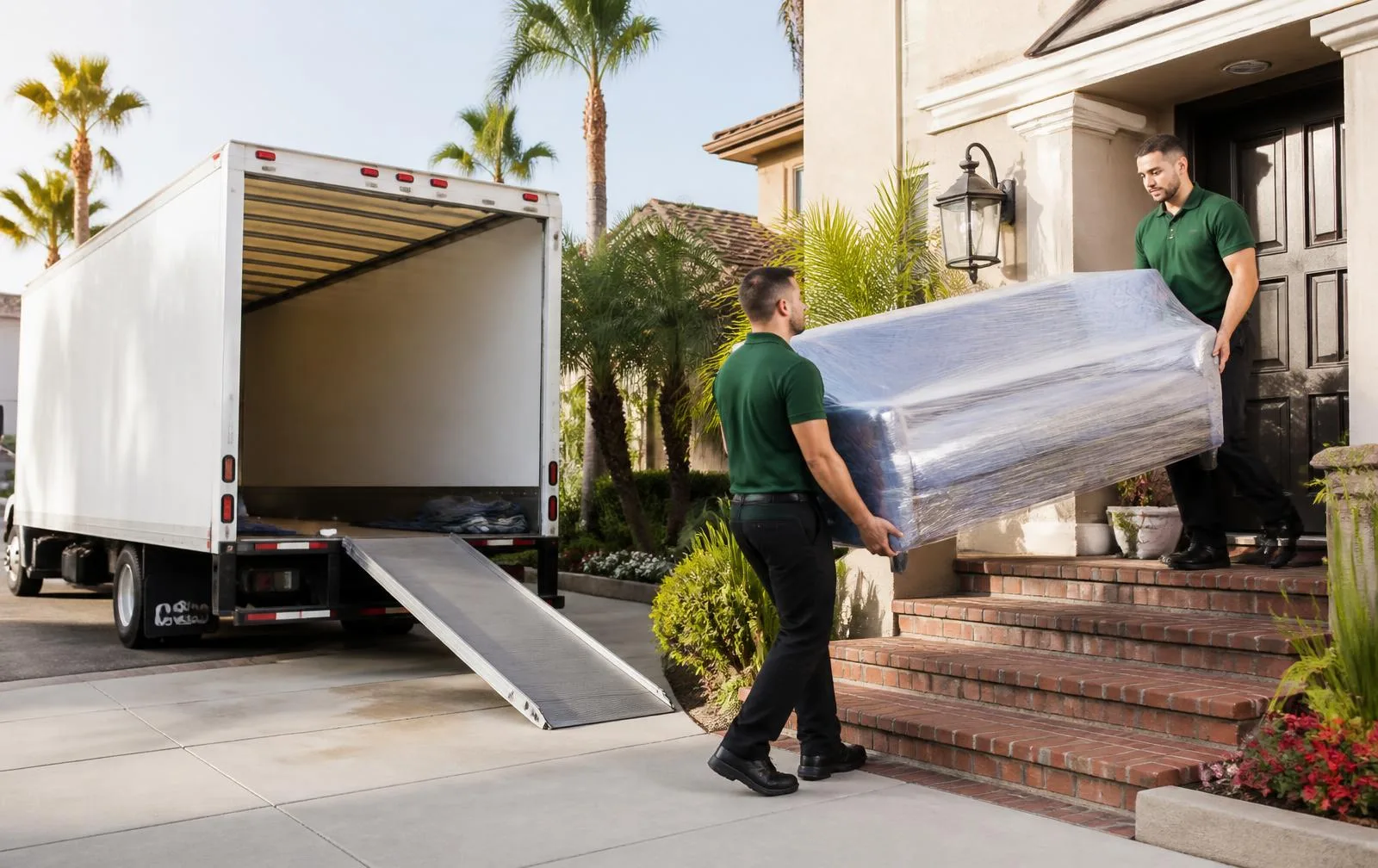 Green Echo Movers crew loading a customer's furniture in North Orange County, California