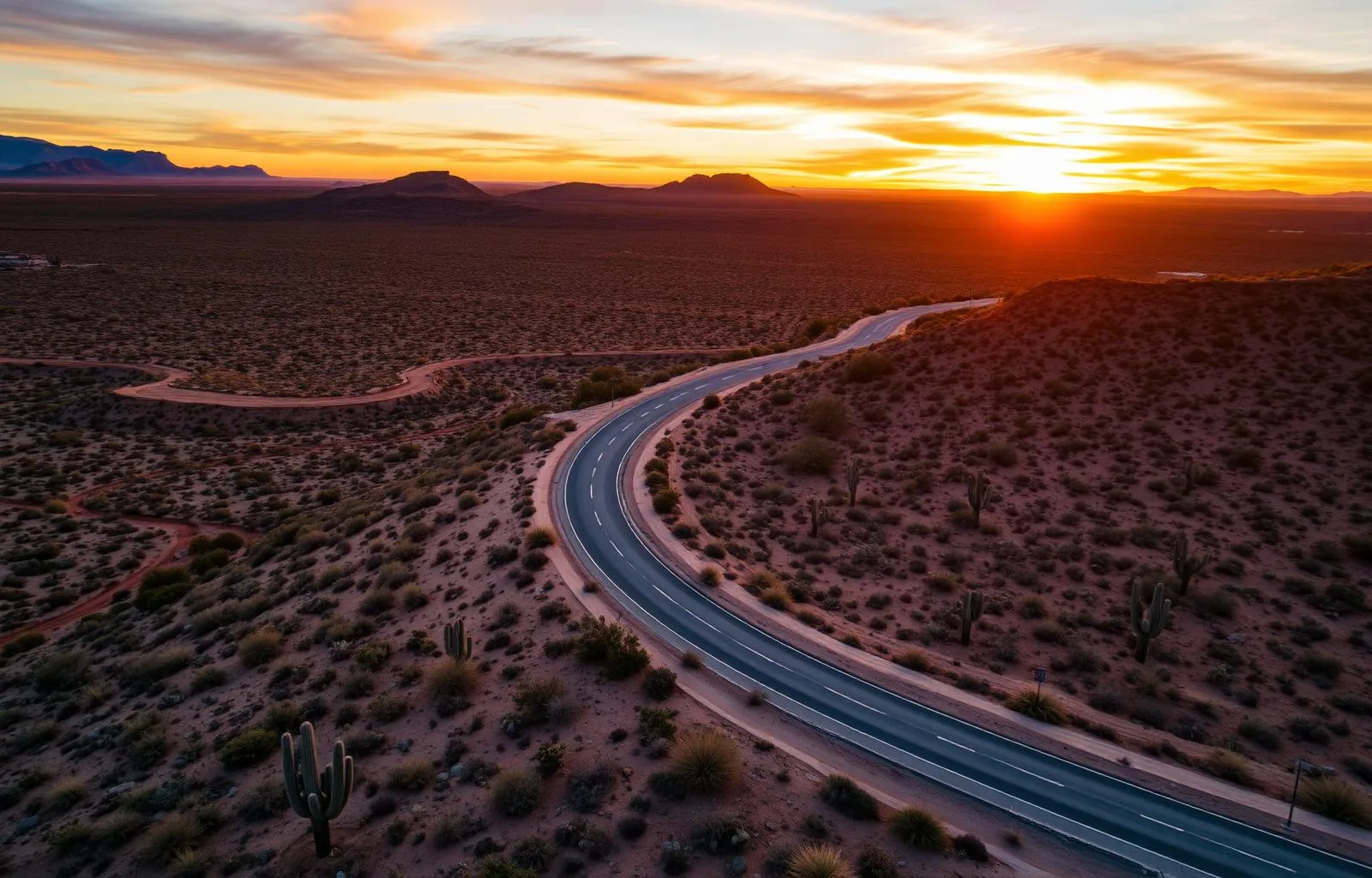 Aerial view of a winding road through Arizona desert at sunset